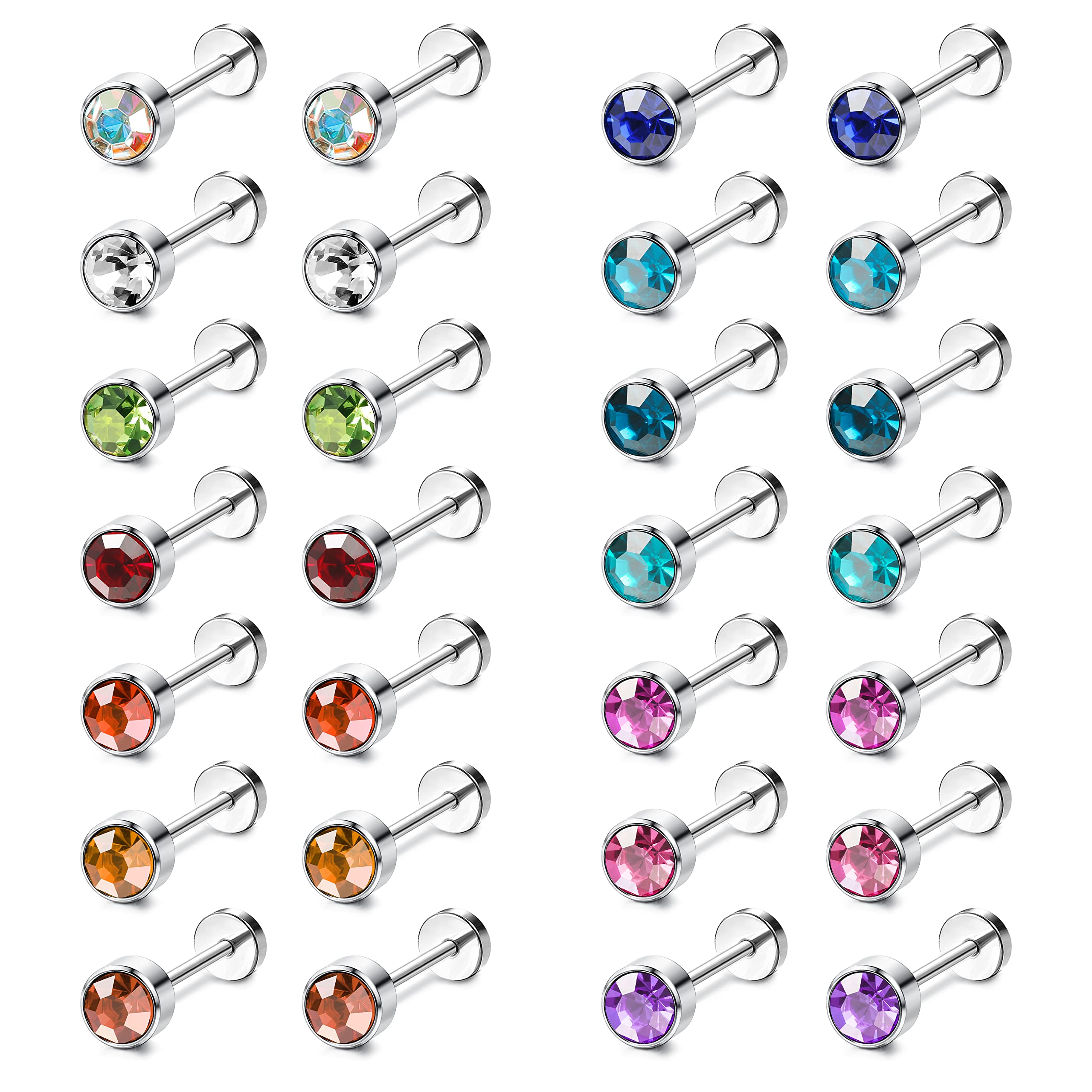 LOYALLOOK 14Pairs Stainless Steel CZ Stud Earrings for Women Men Multicolor Cubic Zirconia Flatback Earrings Pave Crystal Disco Ball Earrings with Flatback Cartilage Helix Earrings Set 20G Style A