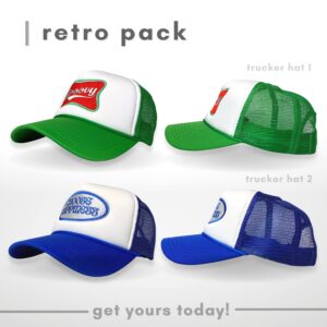 Trucker Hat - 2 Pack | Foam Embroidered Baseball Cap | Smiley Face Preppy Trendy Vintage Retro | Unisex Men Women | Mesh Adjustable Snapback | Green + Blue