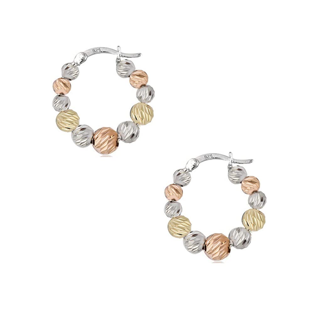 Savlano 925 Sterling Silver Beaded Round Hoop Earrings – 18K Gold Tri Color Plated Hoop Earrings for Women - Made In Italy Comes with Savlano Gift Box