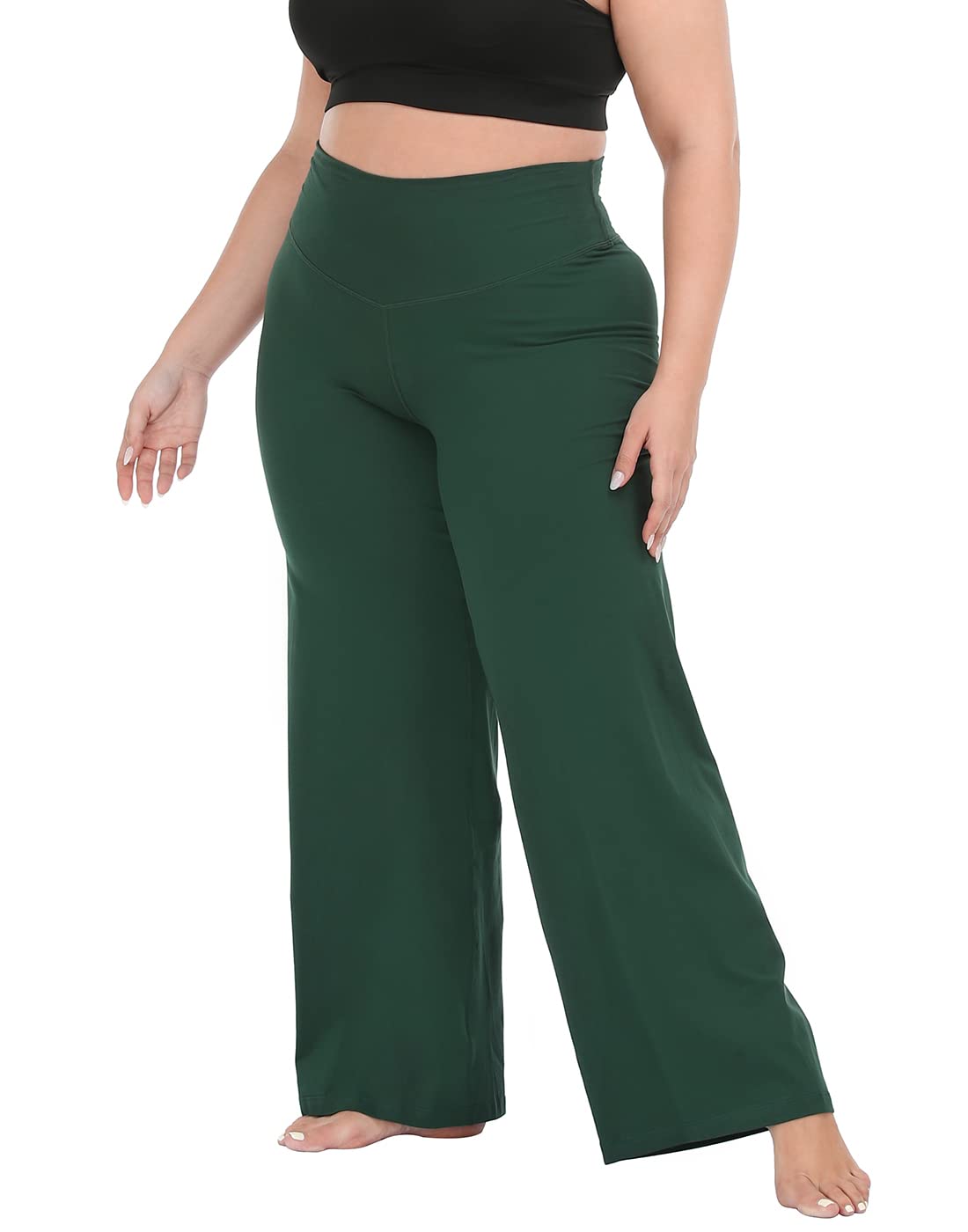 HDE Plus Size Wide Leg Cotton Yoga Pants for Women High Waist Workout Leggings Dark Green - 2X