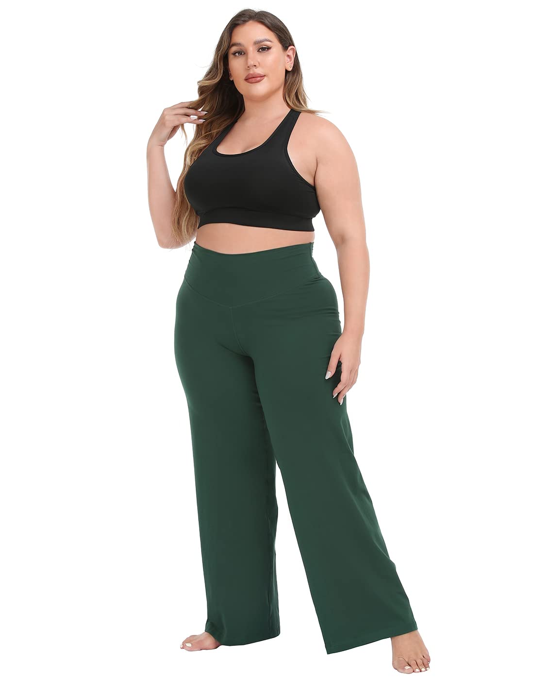 HDE Plus Size Wide Leg Cotton Yoga Pants for Women High Waist Workout Leggings Dark Green - 2X