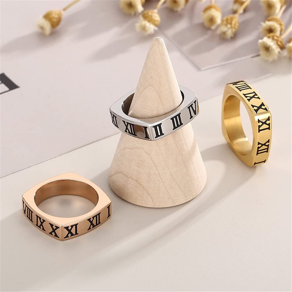 Elefezar Square Roman Numeral Band Ring 18K Gold Plated Stainless Steel Stackable Promise Ring Gift for Her Gold 7