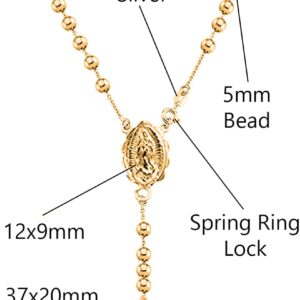 Savlano 925 Sterling Silver Italian Solid Bead Chain Cross & Rosary Virgin Mary Pendant -18K Gold Plated Y Necklace Comes With Gift Box for Women - Made in Italy (24, 5mm)