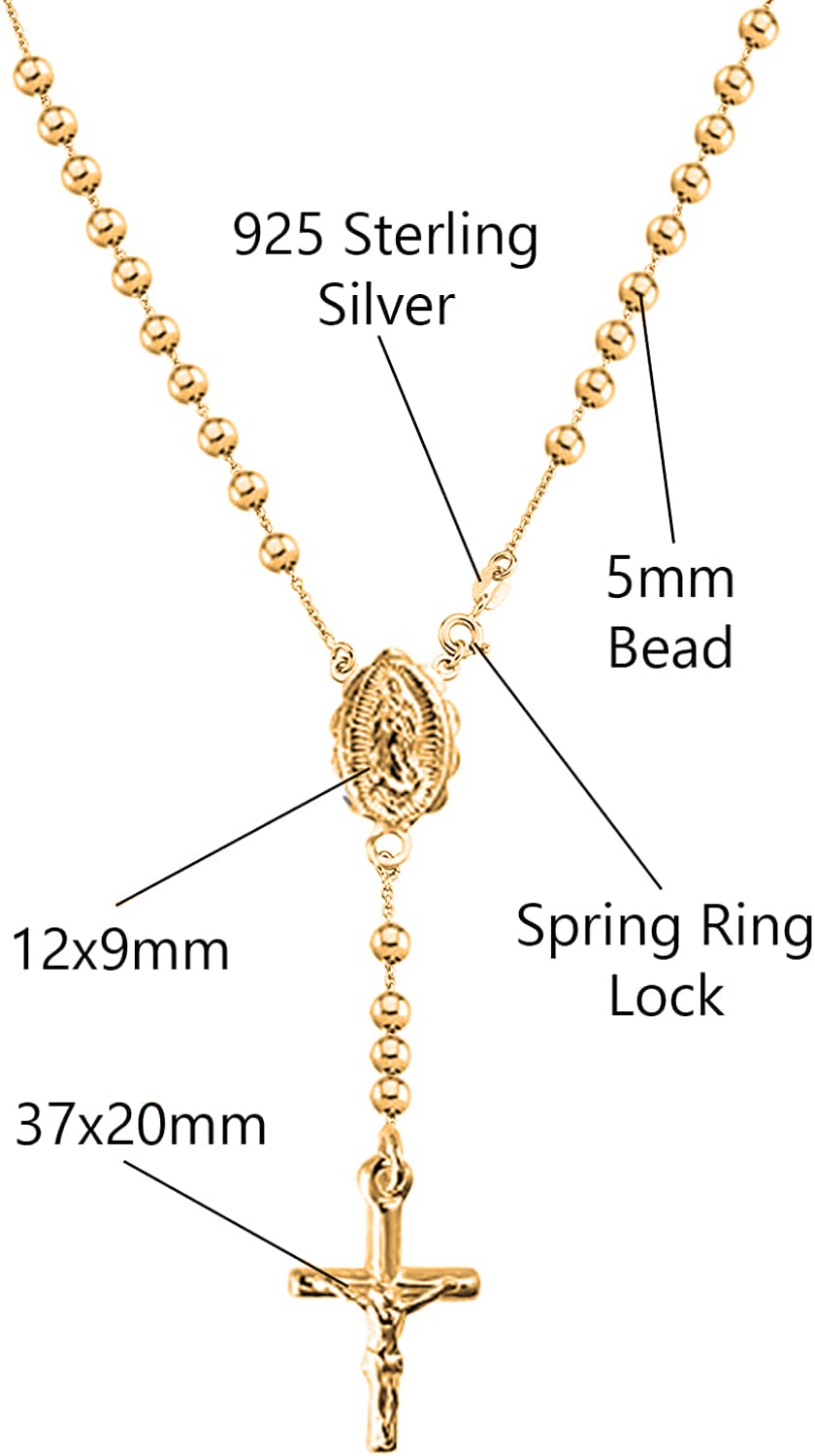 Savlano 925 Sterling Silver Italian Solid Bead Chain Cross & Rosary Virgin Mary Pendant -18K Gold Plated Y Necklace Comes With Gift Box for Women - Made in Italy (24, 5mm)