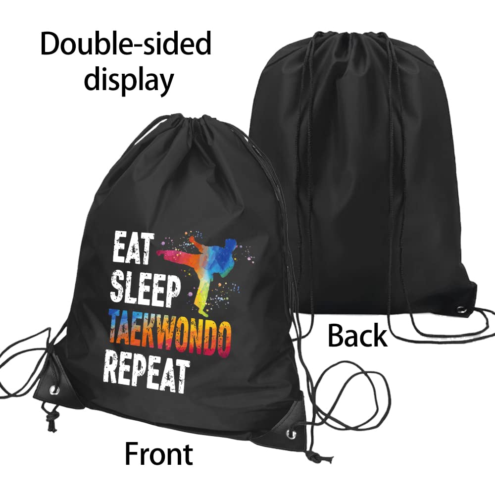 Pishovi Eat Sleep Taekwondo Repeat Drawstring Waterproof Backpack, Taekwondo Sports Bag for Man Women, Taekwondo Player Gifts, Gift for Taekwondo Lover