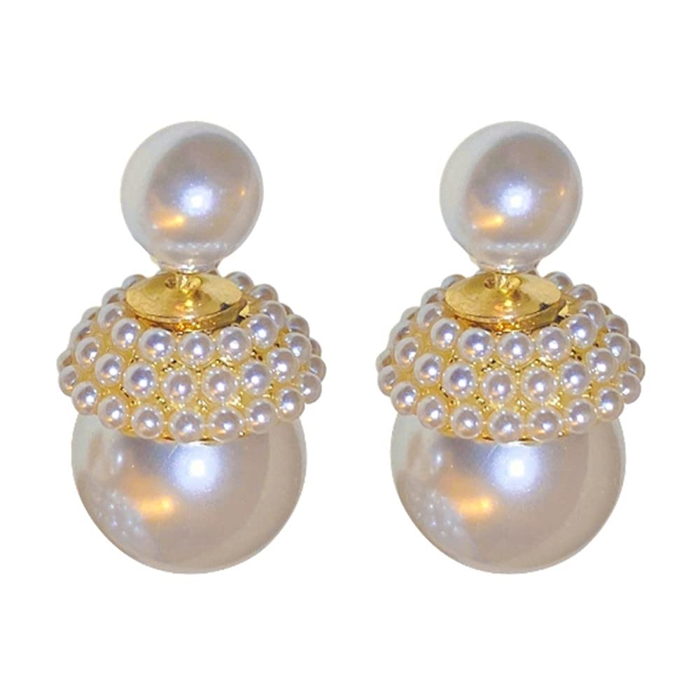 Shell Pearl Double-sided Earrings for Women Girls 925 Sterling Silver Post Gold Plated Hypoallergenic 8-14mm Imitation Pearls Front Back Stud Earring Dainty Wedding Birthday Bridal Jewelry Gifts