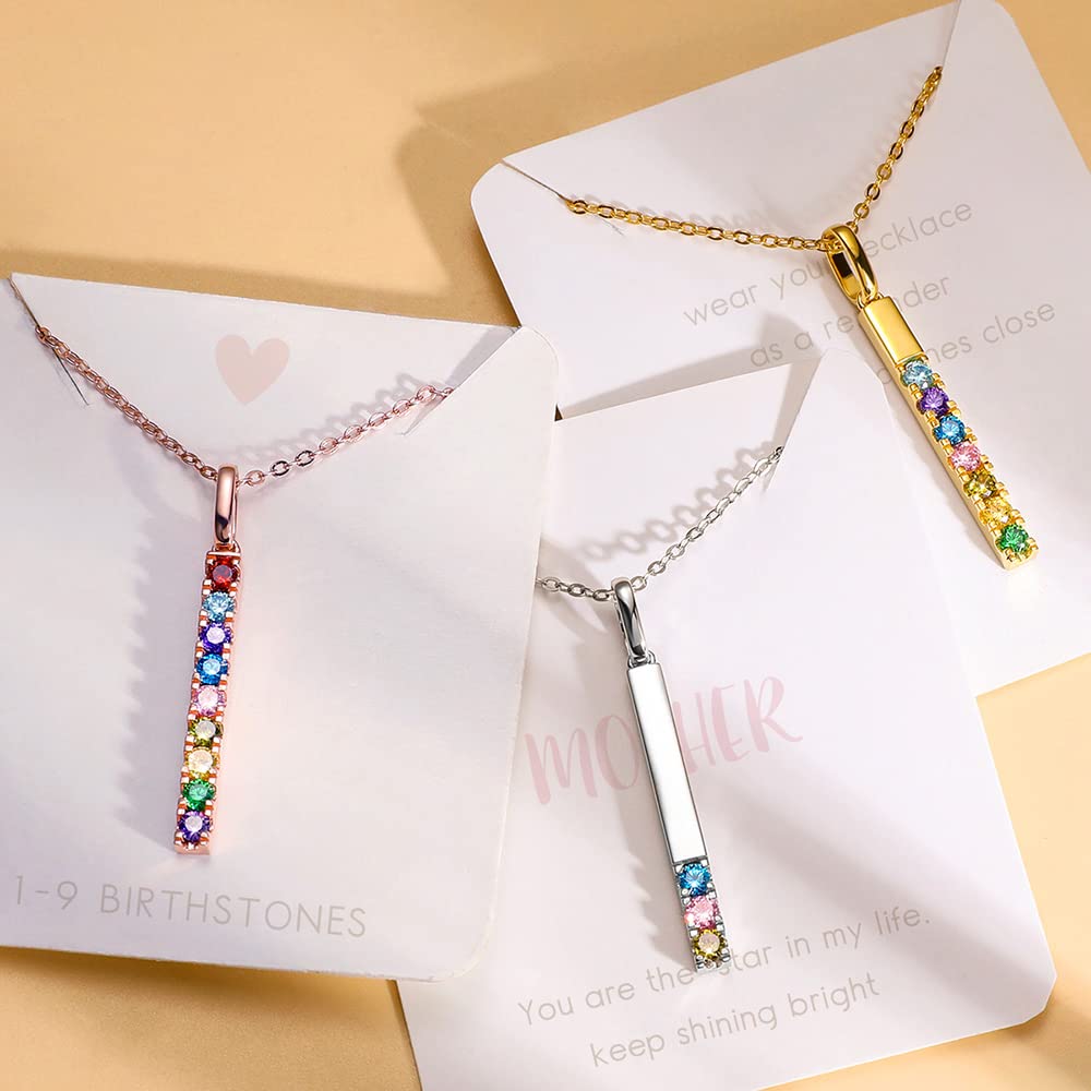 AILIN 925 Sterling Silver Custom 3D Vertical Bar Necklace Personalized Back Engraved Necklace With Any Name 1-9 Birthstones Pendant Necklace For Family Mother Grandmother