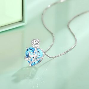 FJ Heart Butterfly Necklace 925 Sterling Silver Aquamarine Necklace March Birthstone Pendant Rose Flower Jewelry Gifts for Women