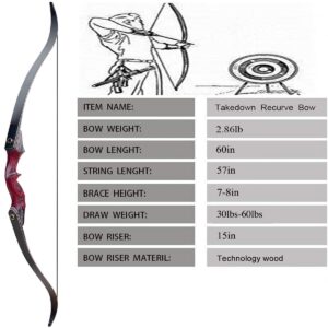 Monleap Archery 60" Takedown Hunting Recurve Bow and Arrows Set for Adults & Youth Longbow Kit Competition Survival Targeting Shooting Right HandLaminated Wooden Riser 30lb-60LB (60lb)