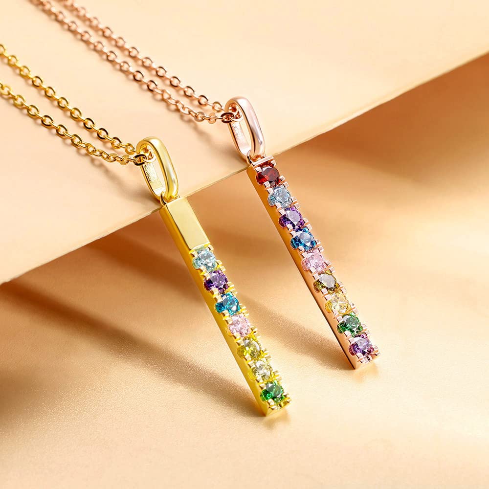 AILIN 925 Sterling Silver Custom 3D Vertical Bar Necklace Personalized Back Engraved Necklace With Any Name 1-9 Birthstones Pendant Necklace For Family Mother Grandmother