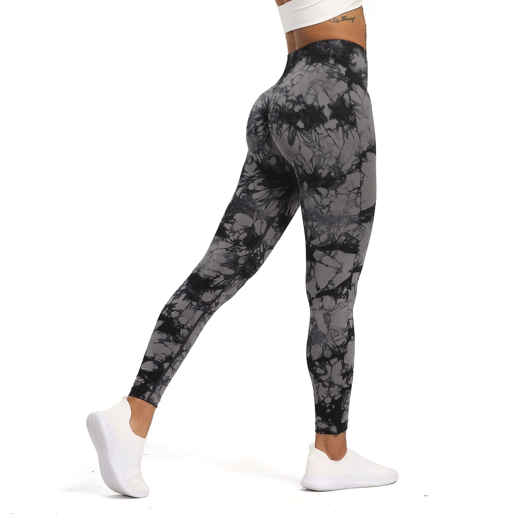 Aoxjox Seamless Scrunch Legging for Women Asset Tummy Control Workout Gym Fitness Sport Active Yoga Pants (Tie-Dye Black Grey, Small)