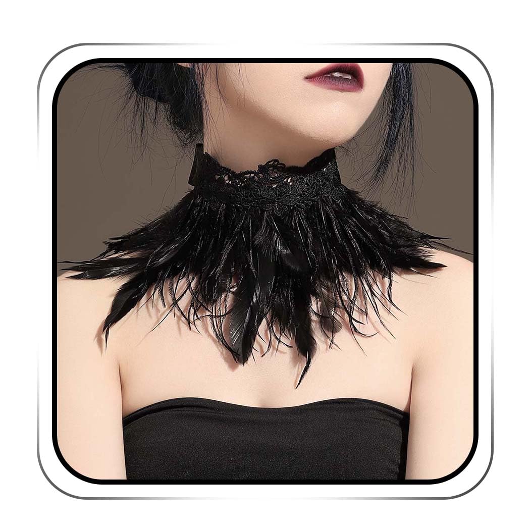 EARENT Gothic Natural Feather Collar Necklace Black Lace Choker Necklaces Halloween Party Costume Accessories Neck Jewelry for Women