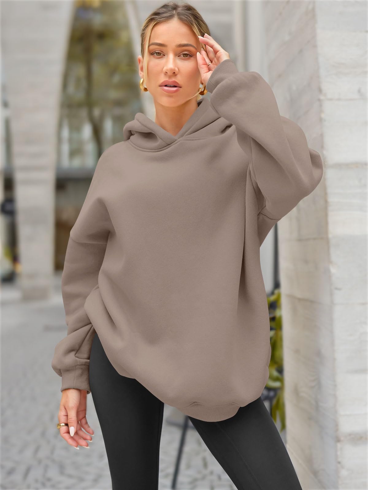 EFAN Fall Outfits 2024 Hoodies for Women Oversized Sweatshirts Fashion Clothes Solid Basic Soft Loose Winter Tops Sweaters CoffeeGrey M