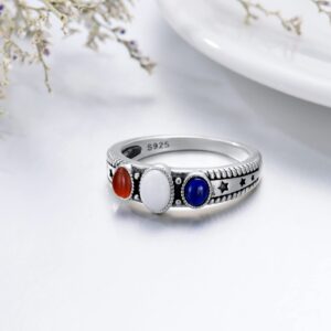 BETHZA Gemstone Rings 925 Sterling Silver Red Agate Blue Lapis White Agate Oval 3-Stone Handmade Natural Stone Ring Patriotic Element Jewelry