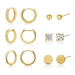 6 pairs stud and hoop earrings set for women 18k gold filled cz small ball studs huggie earrings hypoallergenic cartilage earring sets for multiple piercing