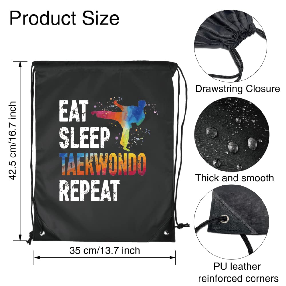 Pishovi Eat Sleep Taekwondo Repeat Drawstring Waterproof Backpack, Taekwondo Sports Bag for Man Women, Taekwondo Player Gifts, Gift for Taekwondo Lover