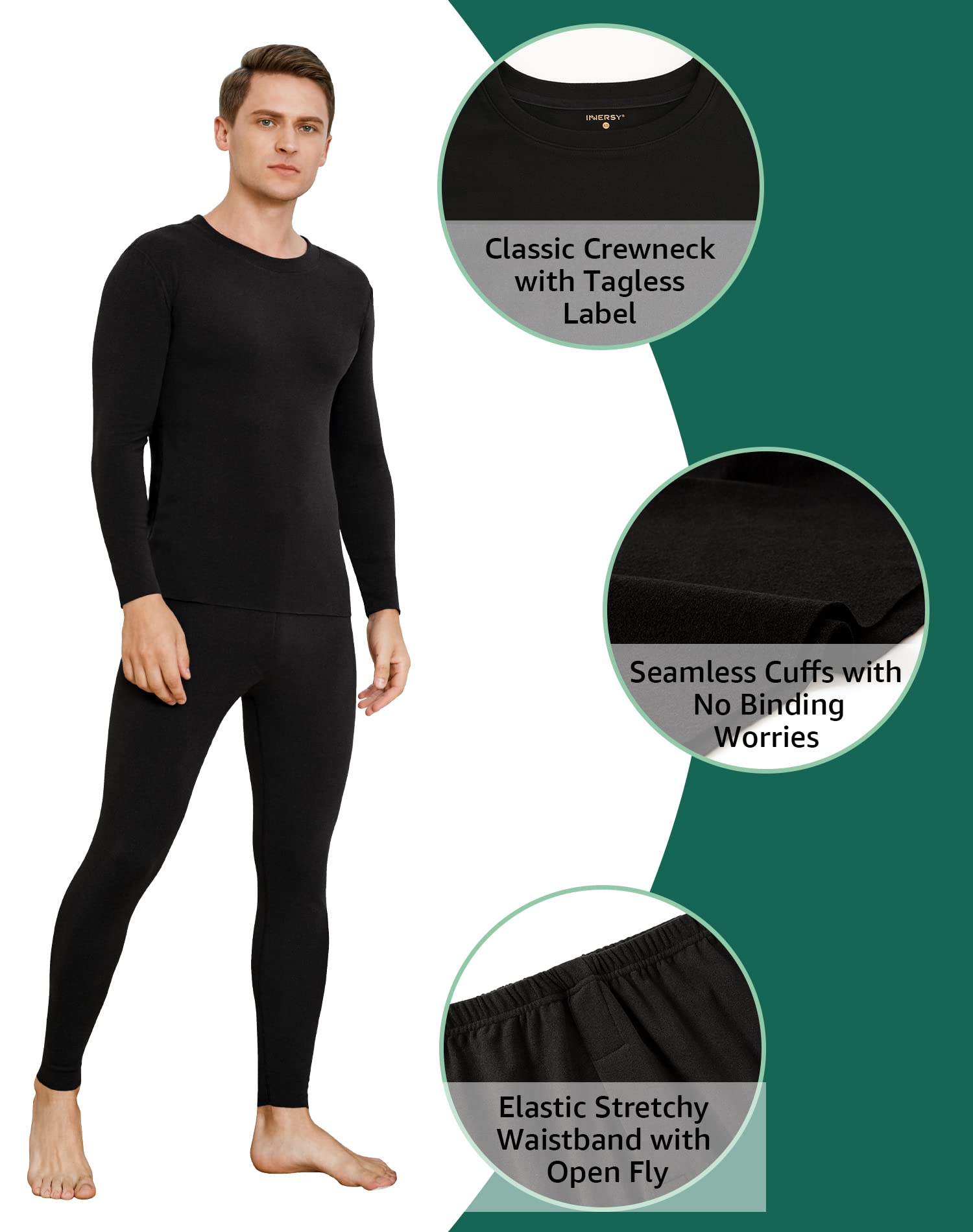 INNERSY Men's Thermal Underwear Set Lightweight Base Layer Long Johns for Winter Exercise(Black,X-Large)