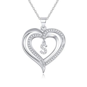 hadoken silver heart initial necklaces for women girls, s925 sterling silver letter s pendant initial necklace for women teens girls cz dainty love pendant heart necklace jewelry gifts for teen girls