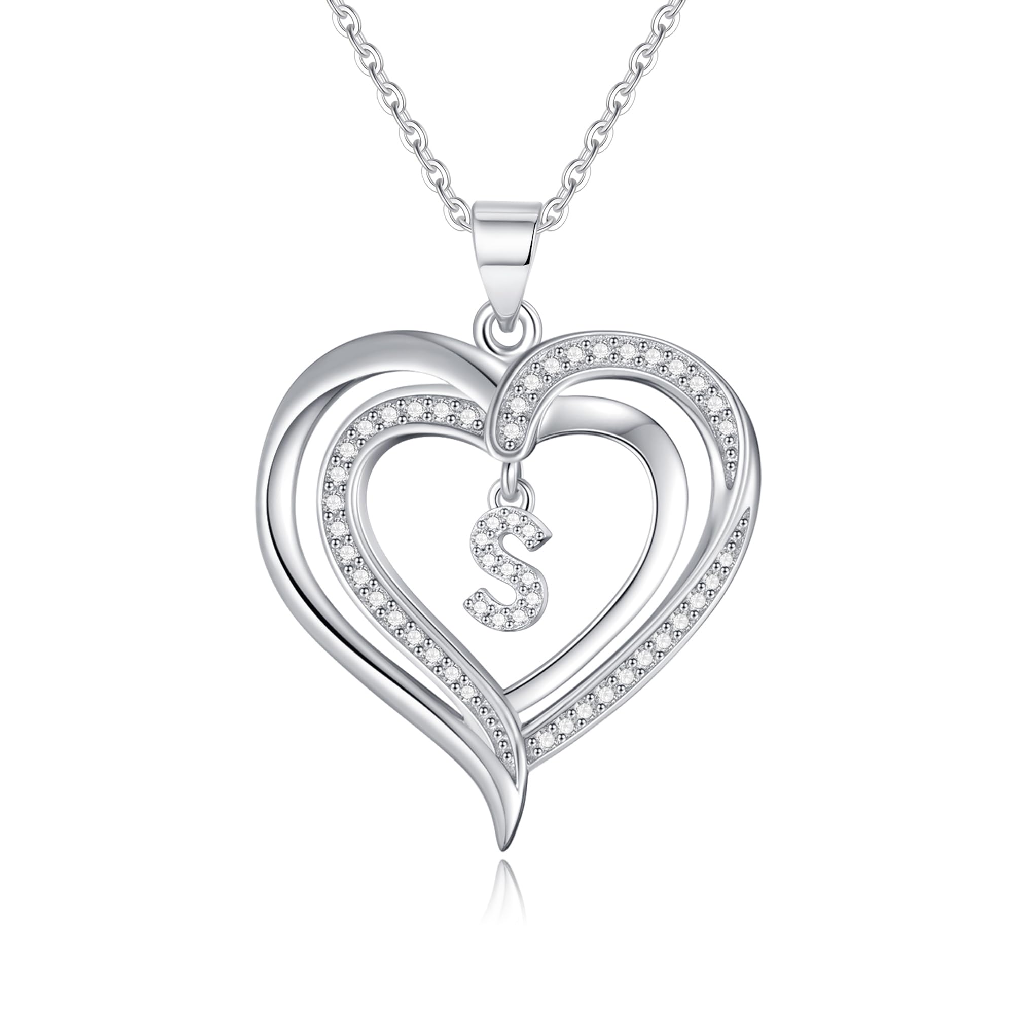 Hadoken Silver Heart Initial Necklaces for Women Girls, S925 Sterling Silver Letter S Pendant Initial Necklace for Women Teens Girls CZ Dainty Love Pendant Heart Necklace Jewelry Gifts for Teen Girls