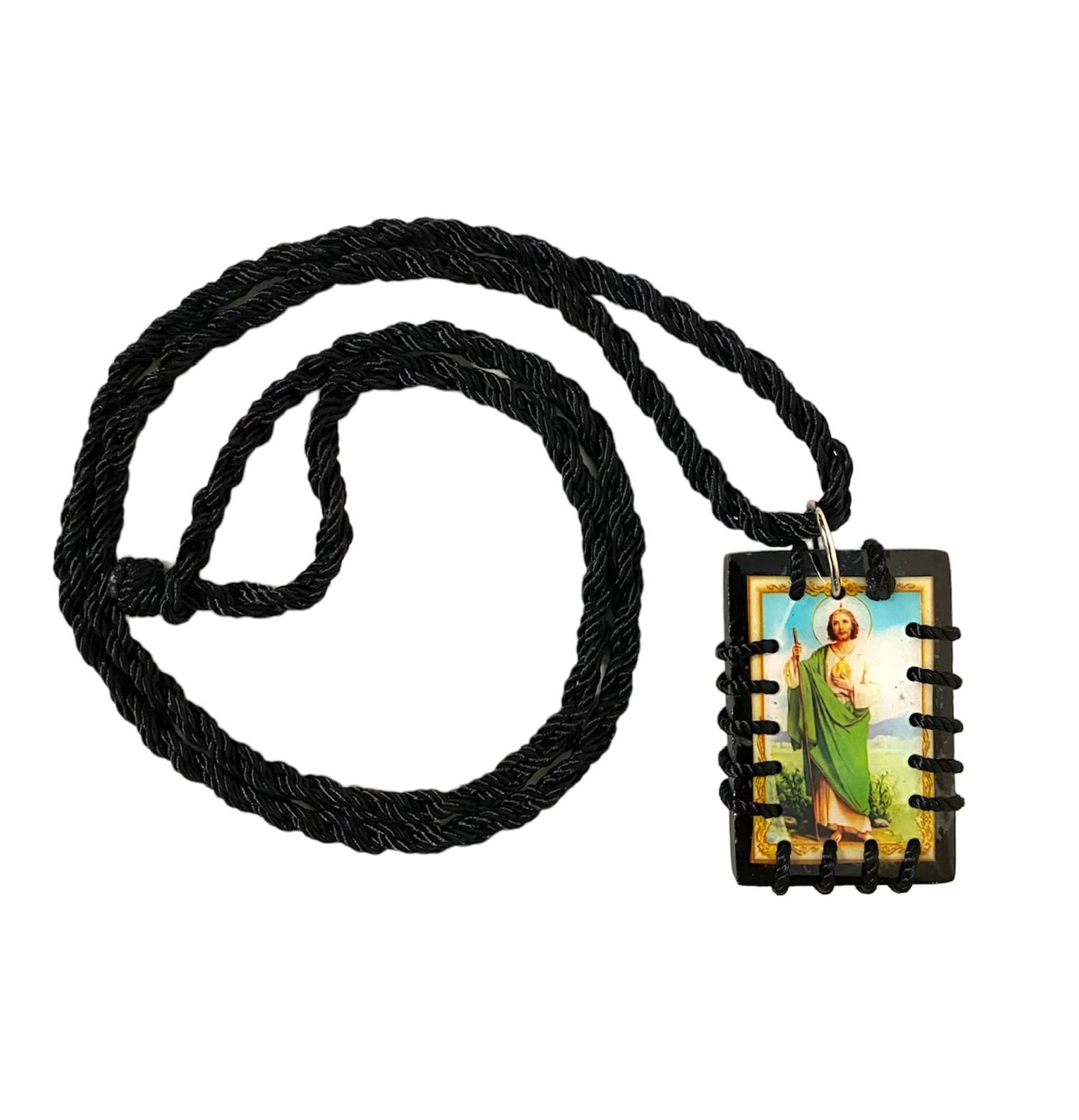 St Jude Black Wood Scapular Necklace Reversible Gold Plated Charm Escapulario Negro Madera San Judas Tadeo