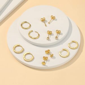 6 Pairs Stud and Hoop Earrings Set for Women 18K Gold Filled CZ Small Ball Studs Huggie Earrings Hypoallergenic Cartilage Earring Sets for Multiple Piercing