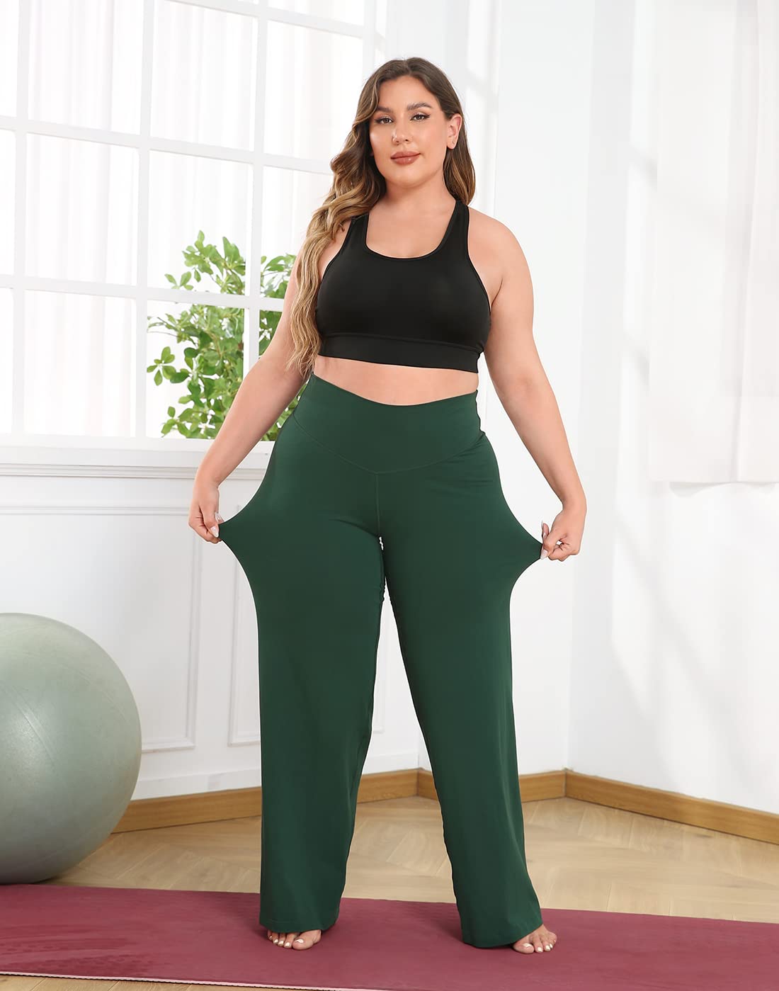 HDE Plus Size Wide Leg Cotton Yoga Pants for Women High Waist Workout Leggings Dark Green - 2X