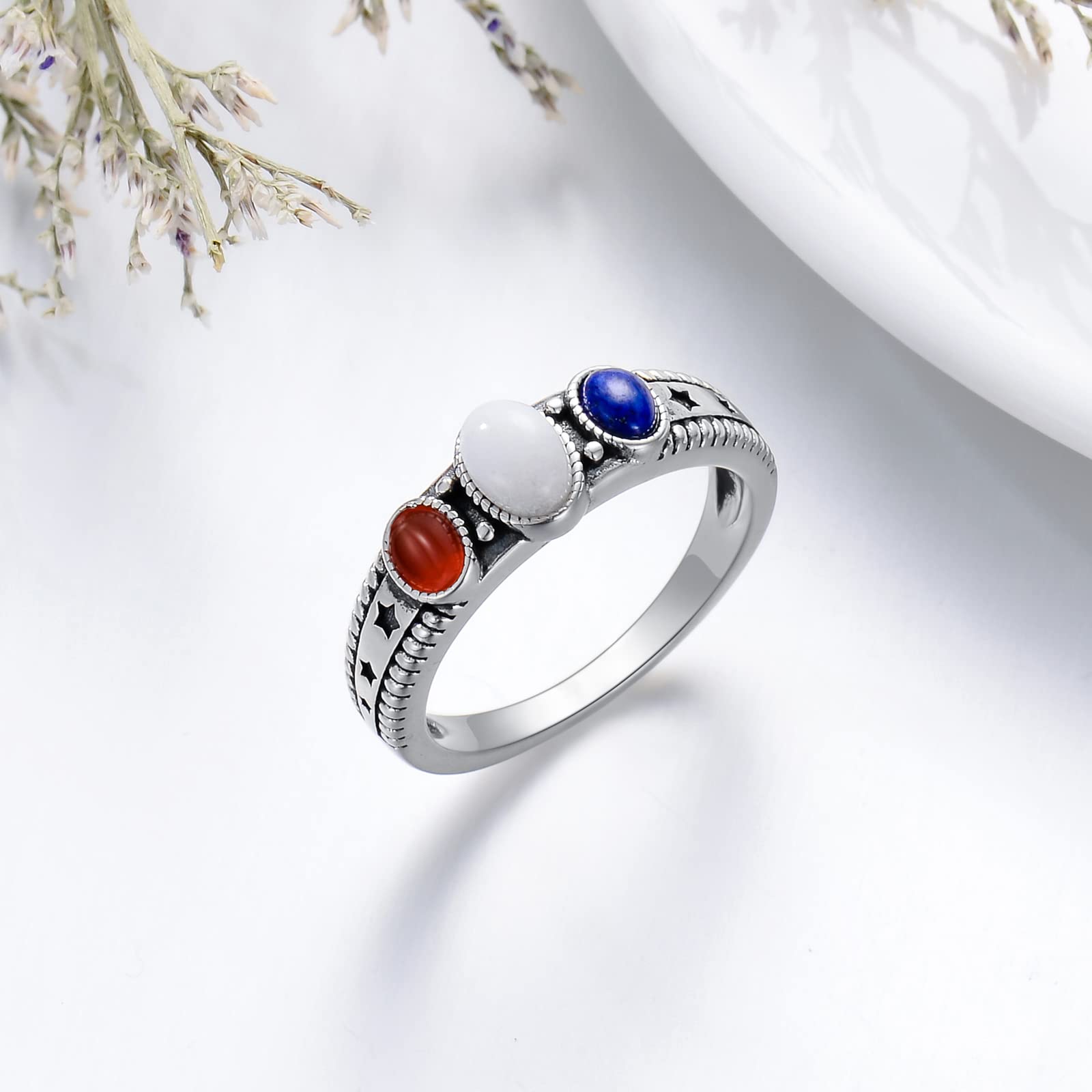 BETHZA Gemstone Rings 925 Sterling Silver Red Agate Blue Lapis White Agate Oval 3-Stone Handmade Natural Stone Ring Patriotic Element Jewelry