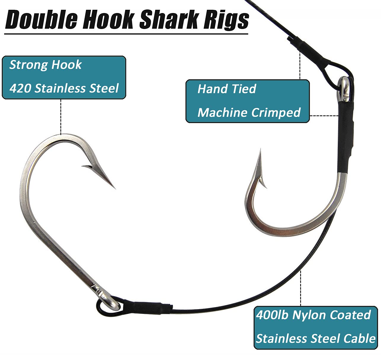 Shark Fishing Rig Double Tuna Hook Rig Shark Leaders 400lb Super Strong Stainless Steel Cable Wire Leader Shark Rigs Saltwater Fishing Tackle