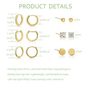 6 Pairs Stud and Hoop Earrings Set for Women 18K Gold Filled CZ Small Ball Studs Huggie Earrings Hypoallergenic Cartilage Earring Sets for Multiple Piercing