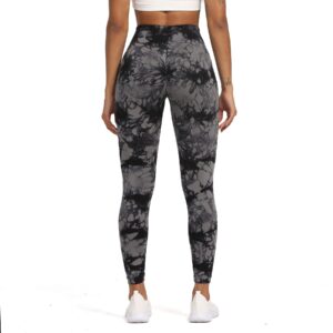 Aoxjox Seamless Scrunch Legging for Women Asset Tummy Control Workout Gym Fitness Sport Active Yoga Pants (Tie-Dye Black Grey, Small)