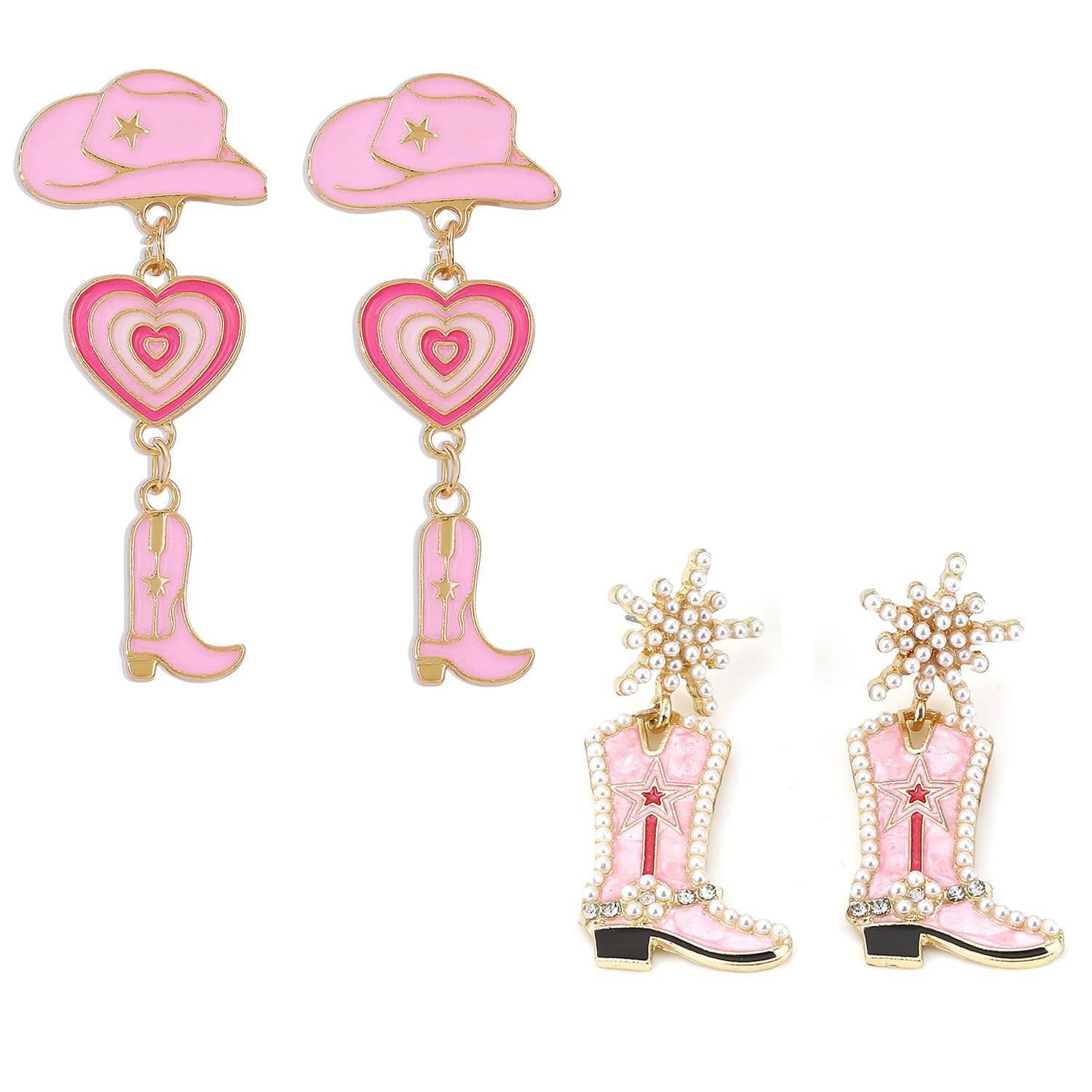 Skyfun 2 Pairs of Cowboy Boot Earrings Western Country Y2K Dangle Earrings Handmade Cute Nashville Cowgirl Pink Earrings for Women Snowflower Jewelry Gift for Women Costume Mother's Day Gifts