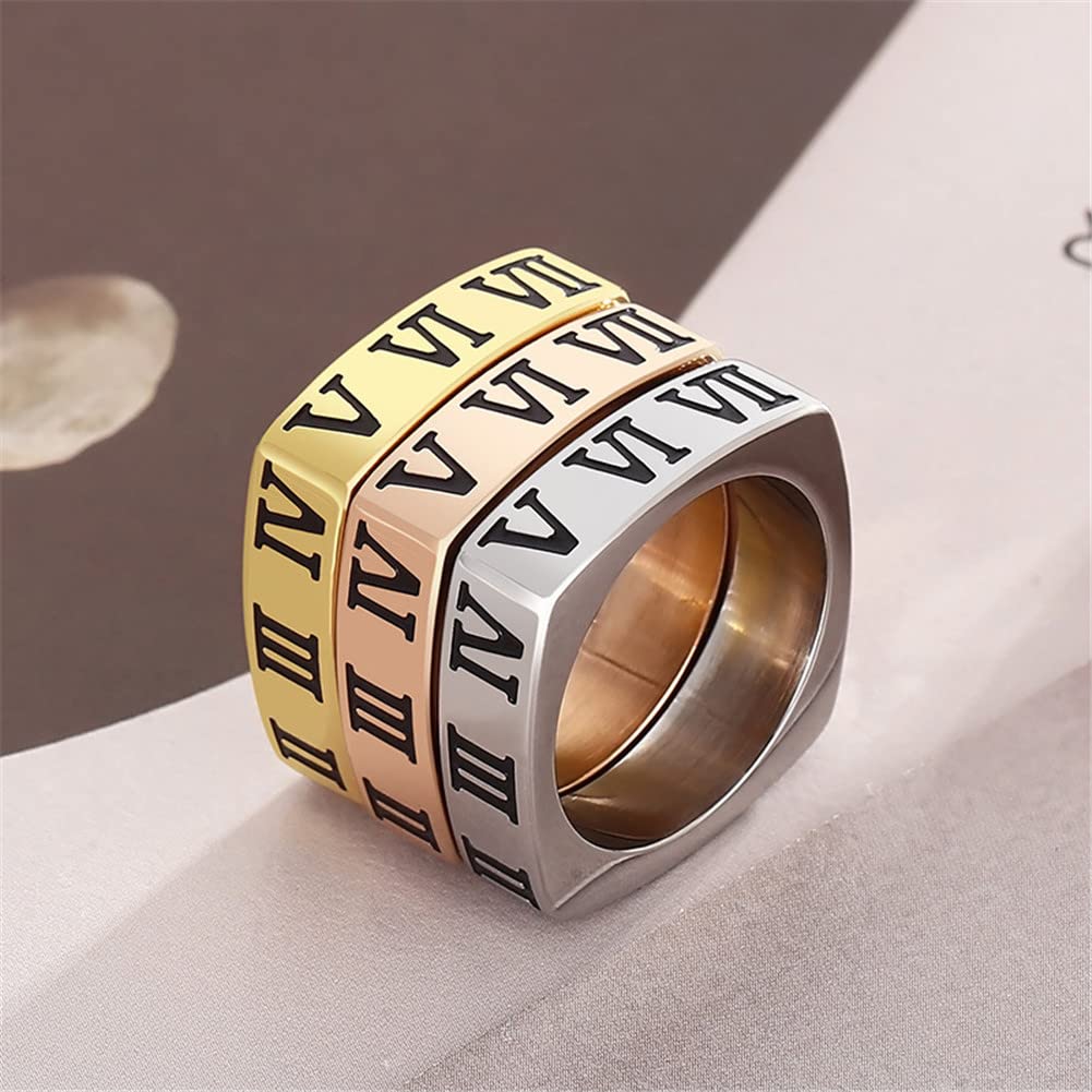 Elefezar Square Roman Numeral Band Ring 18K Gold Plated Stainless Steel Stackable Promise Ring Gift for Her Gold 7