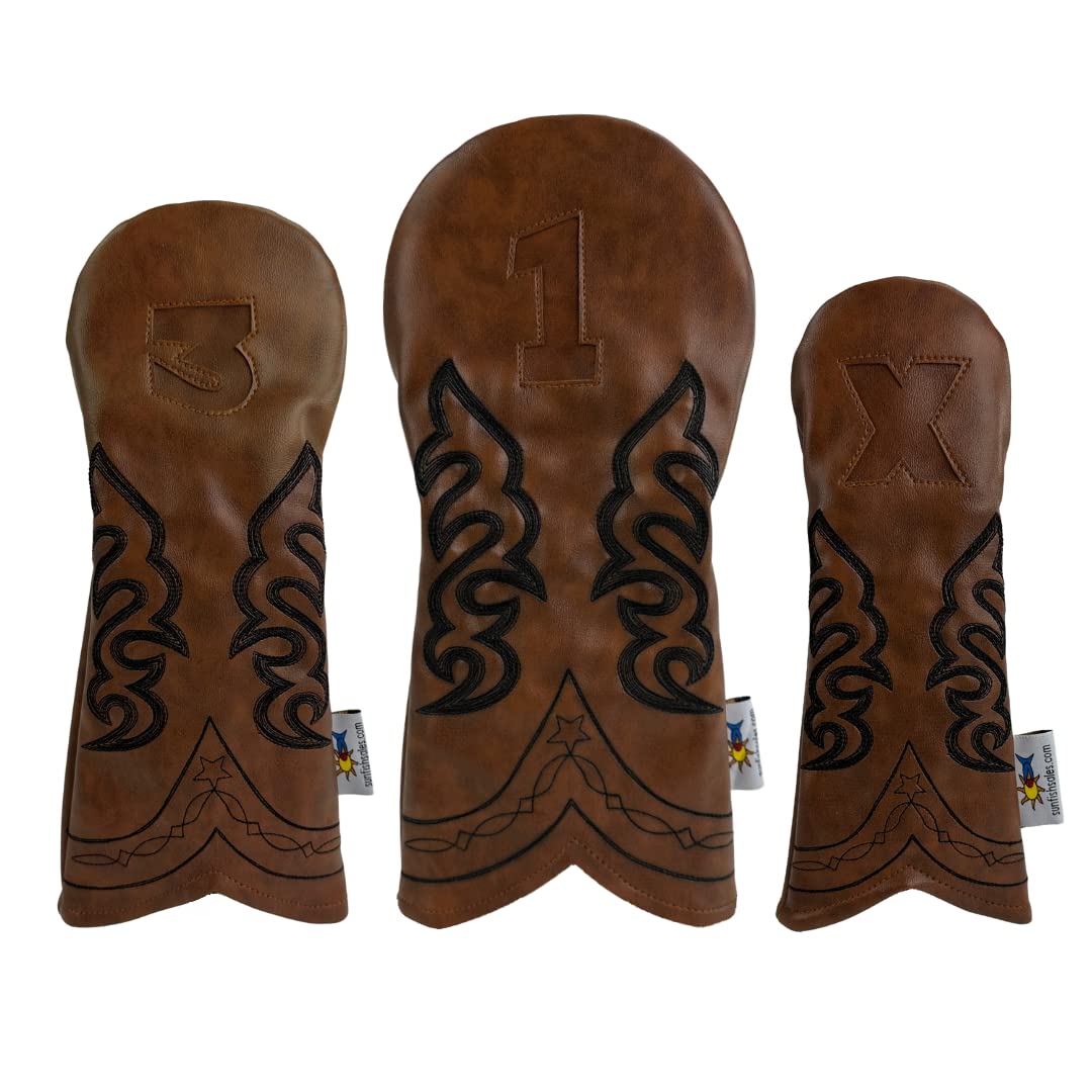 Ranchero Cowboy Boot Sunfish Leather Golf Headcover Set 1-3-X Driver Fairway Hybrid