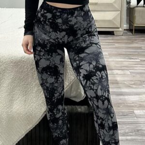 Aoxjox Seamless Scrunch Legging for Women Asset Tummy Control Workout Gym Fitness Sport Active Yoga Pants (Tie-Dye Black Grey, Small)