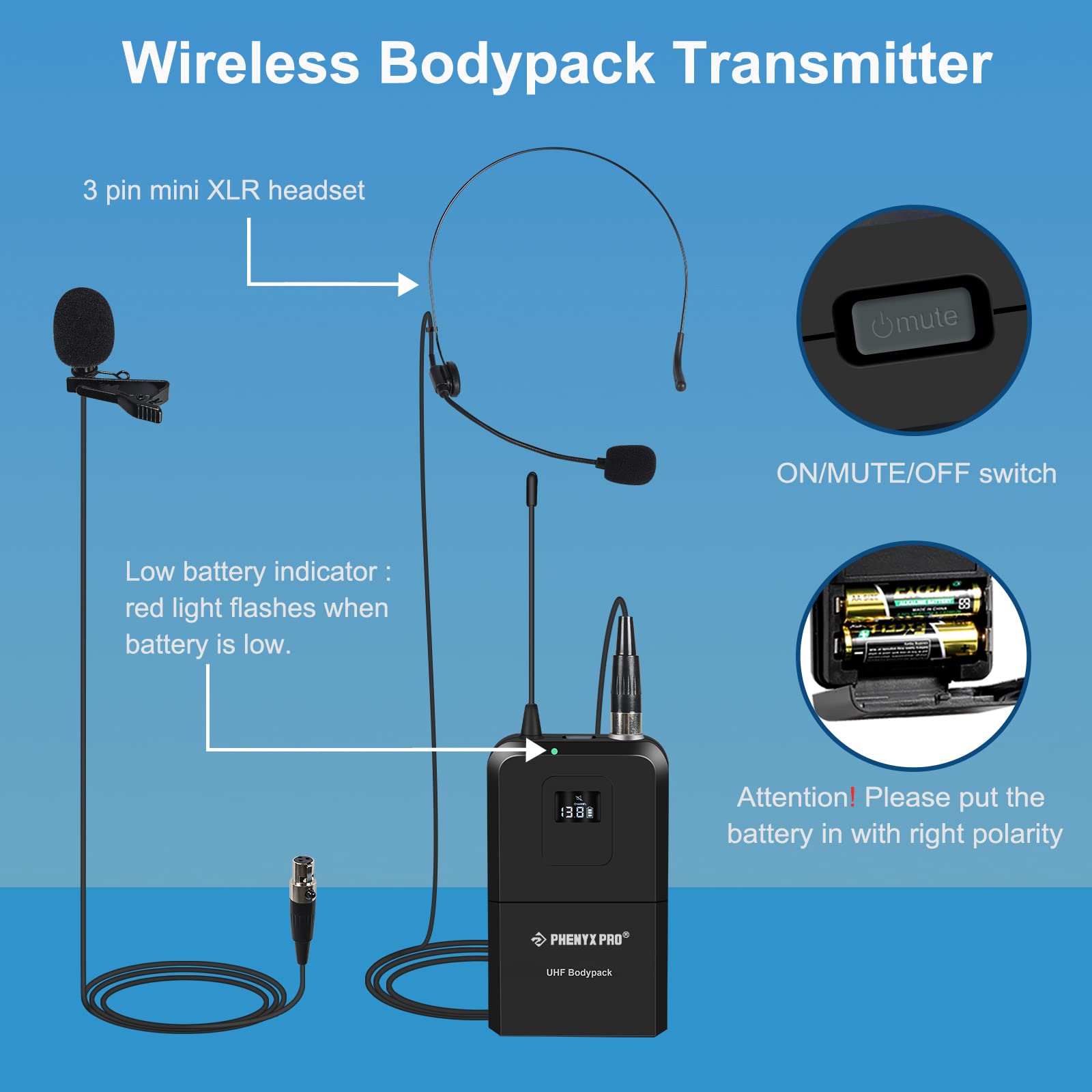 Phenyx Pro Wireless Bodypack Transmitter, UHF Bodypack Microphone for PTU-71/PTU-7000/PTU-6000, with Selectable Frequencies, Mute Function (PWB-7)