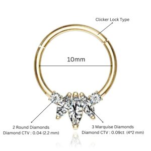 14k Solid Gold 0.09ct Marquise/ 0.04ct Round Diamond Cluster Clicker Huggie Hoop, Helix Daith Tragus Cartilage Septum Ring, Gift For Women. (Rose Gold, 14K Gold)