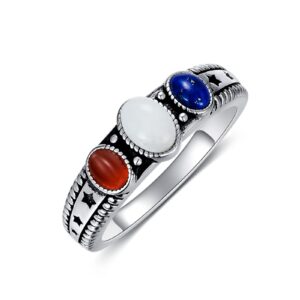 bethza gemstone rings 925 sterling silver red agate blue lapis white agate oval 3-stone handmade natural stone ring patriotic element jewelry