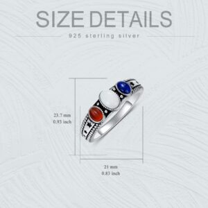 BETHZA Gemstone Rings 925 Sterling Silver Red Agate Blue Lapis White Agate Oval 3-Stone Handmade Natural Stone Ring Patriotic Element Jewelry