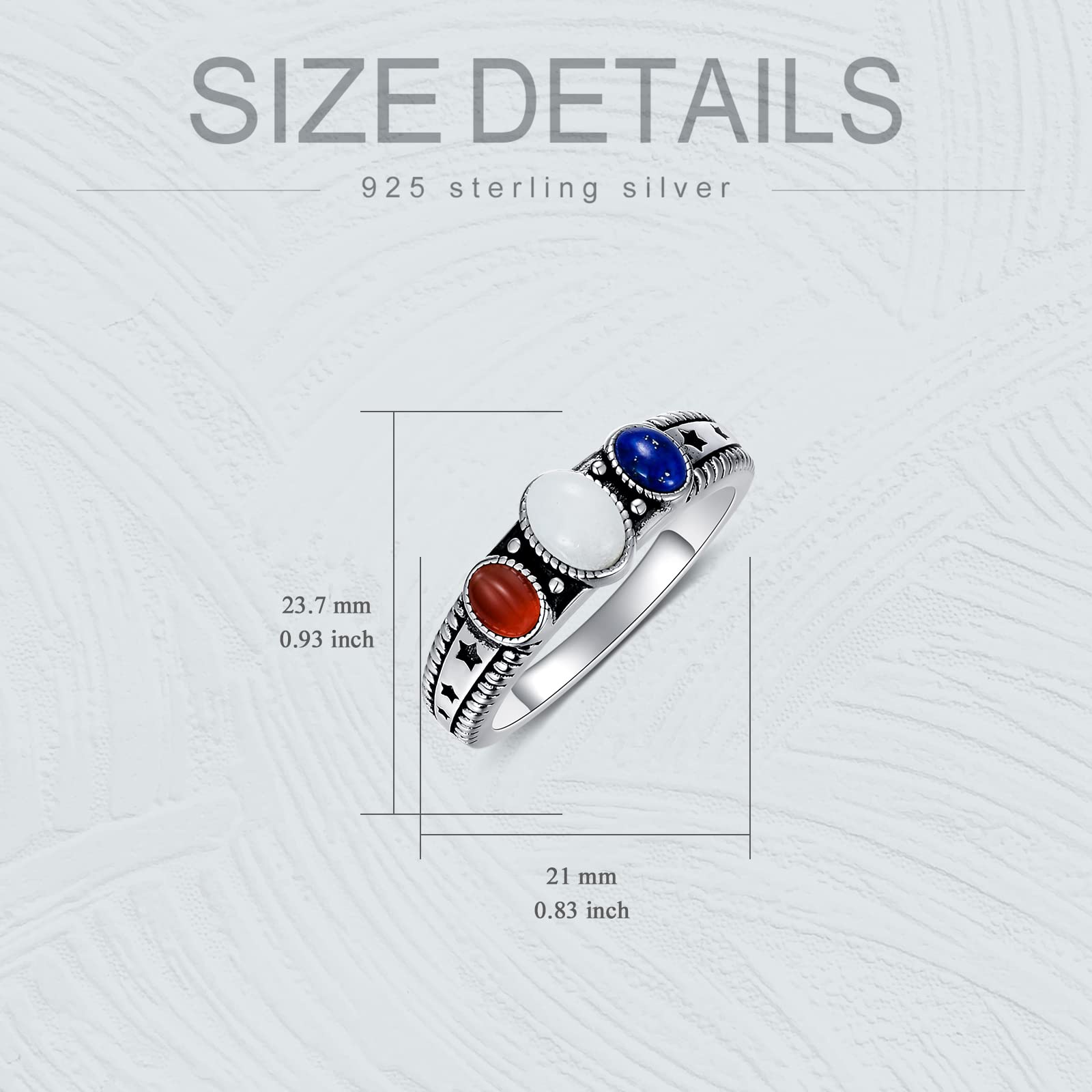 BETHZA Gemstone Rings 925 Sterling Silver Red Agate Blue Lapis White Agate Oval 3-Stone Handmade Natural Stone Ring Patriotic Element Jewelry