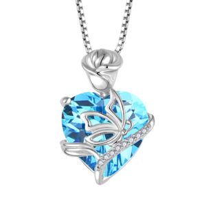 fj heart butterfly necklace 925 sterling silver aquamarine necklace march birthstone pendant rose flower jewelry gifts for women