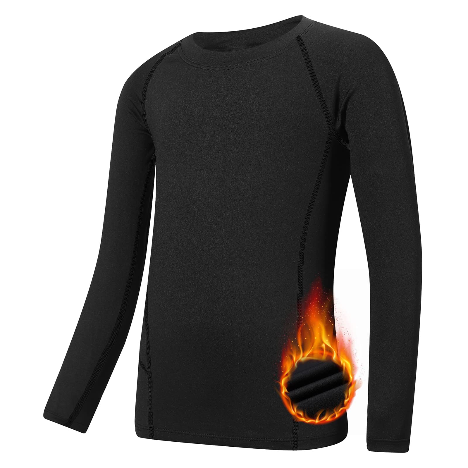 Boys Compression Shirt Long Sleeve Fleece Lined Base Layer Girls Leggings Pants Athletic Football Undershirt Black Line Top Medium