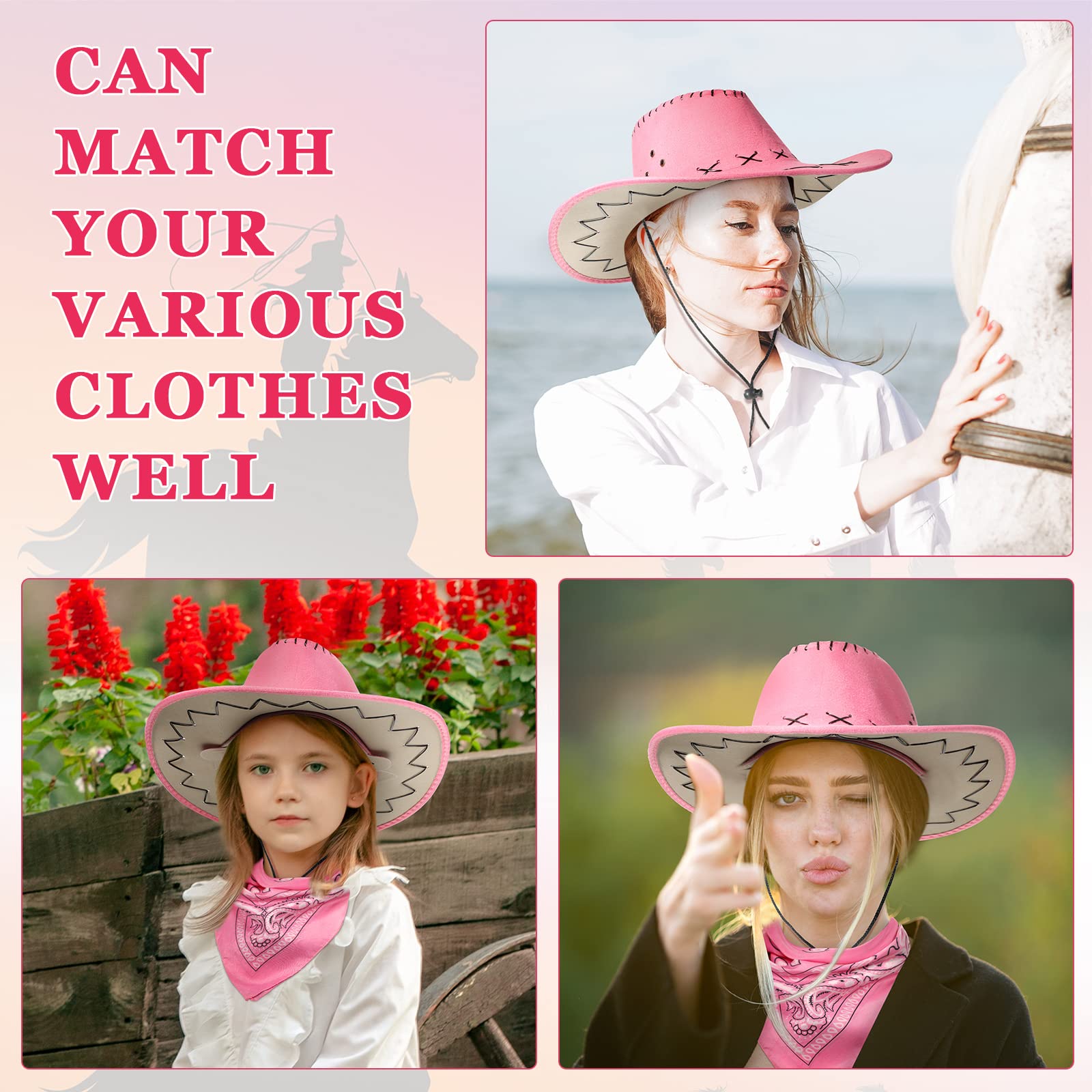 12 Pcs Pink Cowboy Hats with 12 Polyester Bandanas, Western Cowgirl Suede Hats Rodeo Princess Hat for Dress-Up Bachelorette Parties Play Costume