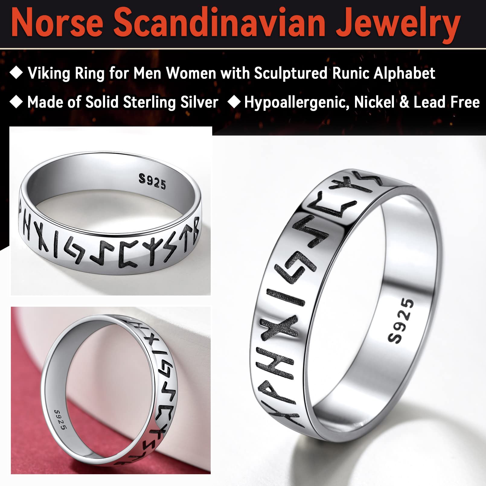 FaithHeart Sterling Silver Rune Band Rings for Women Norse Viking Runes Pinky Ring Size 5