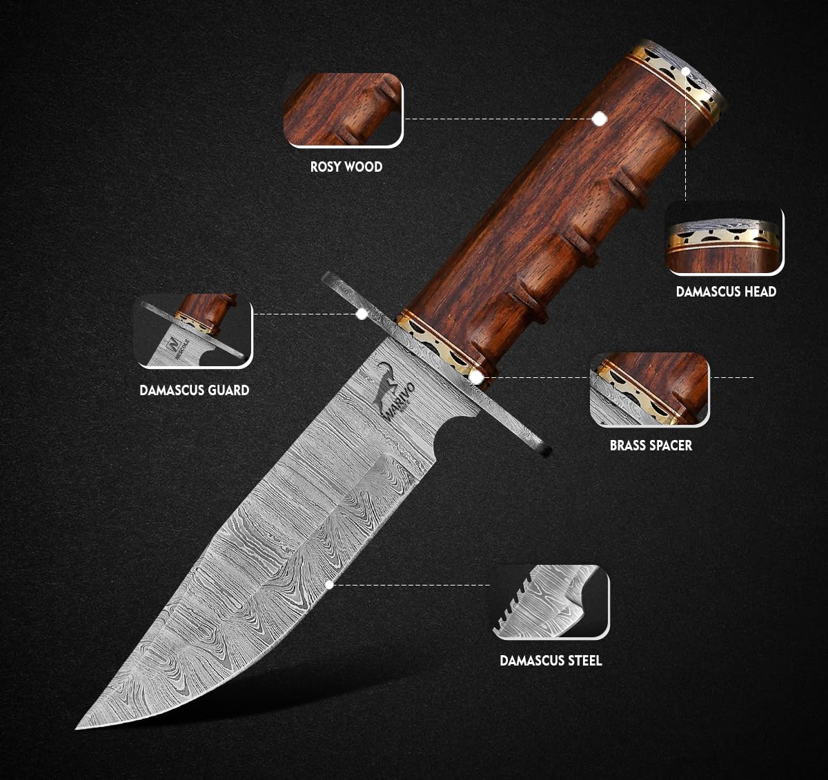 Handmade Damascus Steel Hunting Knife - 11" EDC Fixed Blade Knife Ideal for Skinning, Camping, and Outdoor, Bushcraft, Tactical, Skinning Knife With Wood Handle & Leather Sheath