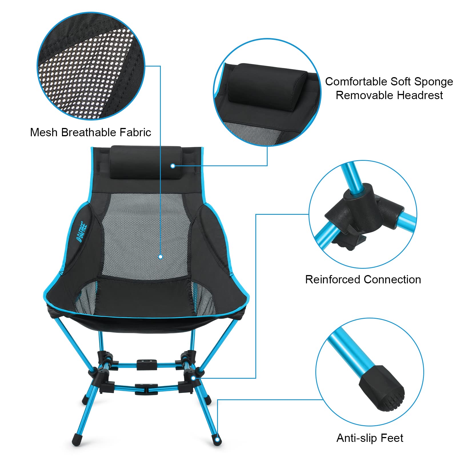 G4Free Folding Camp Chair High Back Lightweight Camping Chair with Removable Pillow, Side Pocket & Carry Bag, Compact & Heavy Duty 385lbs for Outdoor Hiking Backpacking Beach Picnic Travel Blue