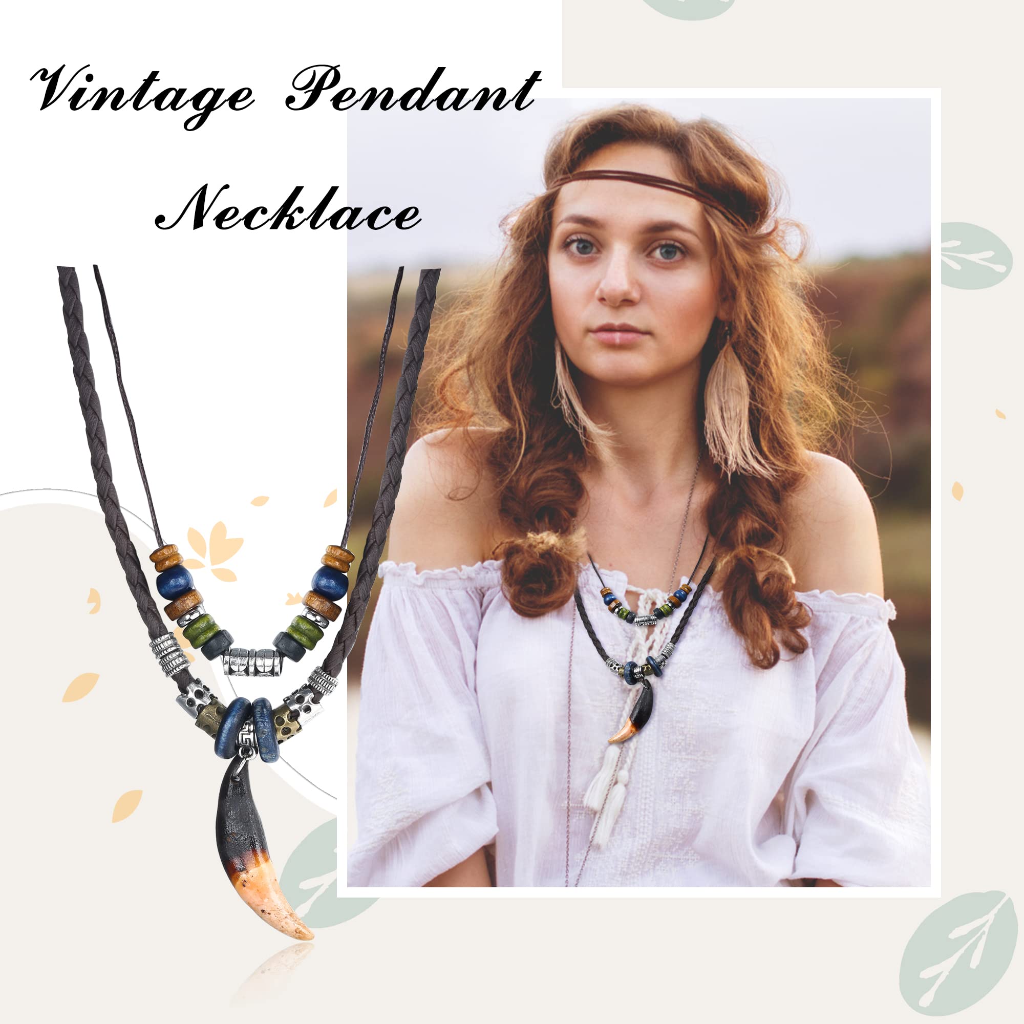 Sanfenly 6Pcs Long Pendant Necklaces for Women Vintage Style Bohemian Tribal Tassel Leaf Leather Necklace Adjustable Statement Handmade Wood Brown Sweater Necklace Set