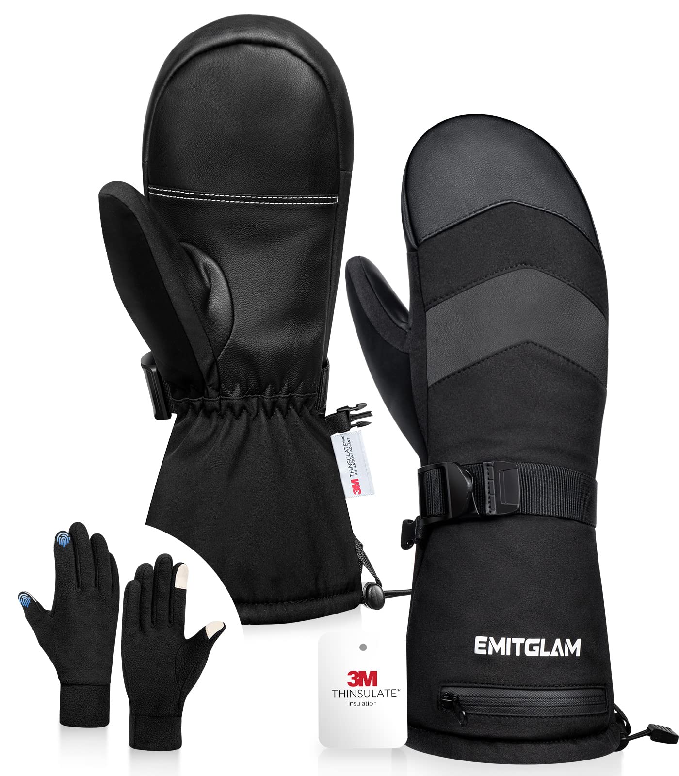 EMITGLAM 2 in 1 Winter Ski Mittens for Men & Women with Fleece Glove Liners, Waterproof Winter Ski Gloves Made with 3M C100 Insulation, 5-Layer Fabric Snowboard Mittens with Touchscreen Inner Gloves