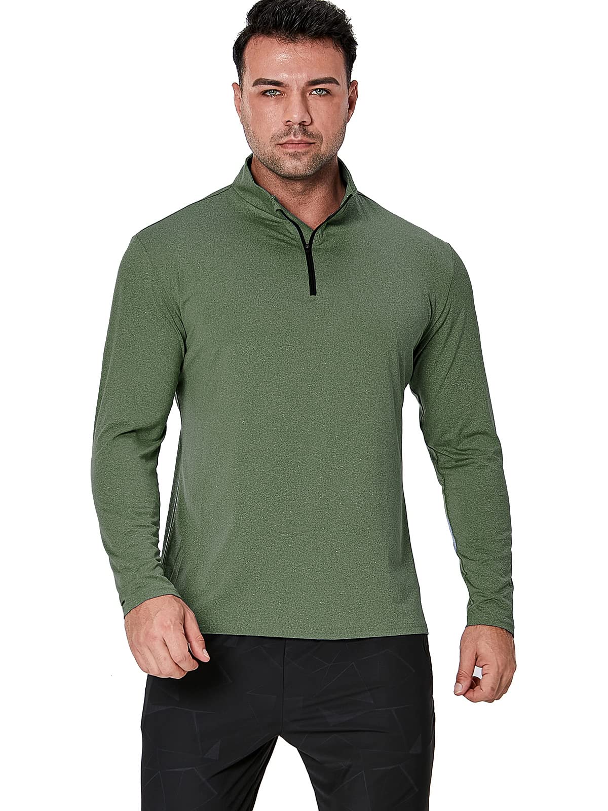 MANSDOUR Men's Quick-Dry Active Sports Shirts Quarter Zip Long Sleeve Athletic Running Pullover Tops Outdoor Workout Golf Sweatshirt Dark Green