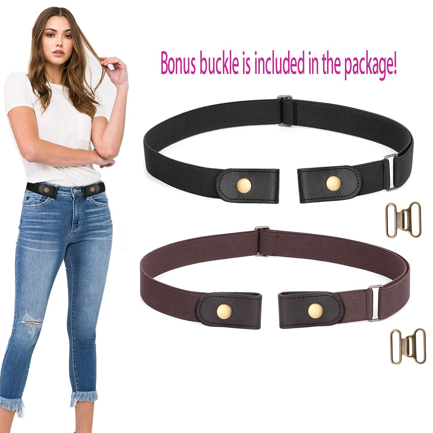 2 Pack No Buckle Stretch Belt for Women and Men Elastic Waist Belt up to 72 Inches for Jeans Pants (Black+Coffee, Pants Size 31"-50")