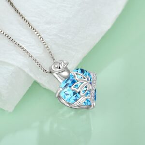 FJ Heart Butterfly Necklace 925 Sterling Silver Aquamarine Necklace March Birthstone Pendant Rose Flower Jewelry Gifts for Women